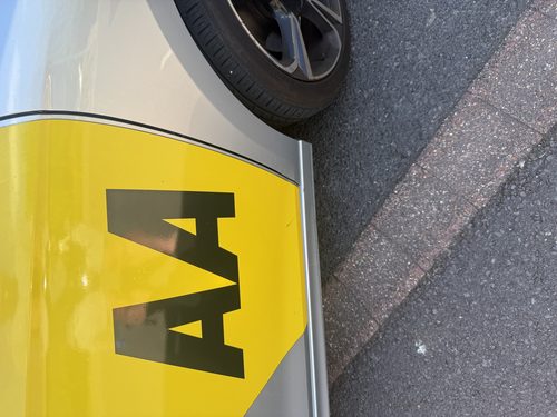 Close-up of the yellow AA badge on the car door.